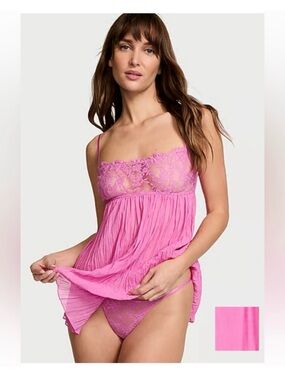 Victoria's Secret Very Sexy Lace Pleated Babydoll Set pink size XL